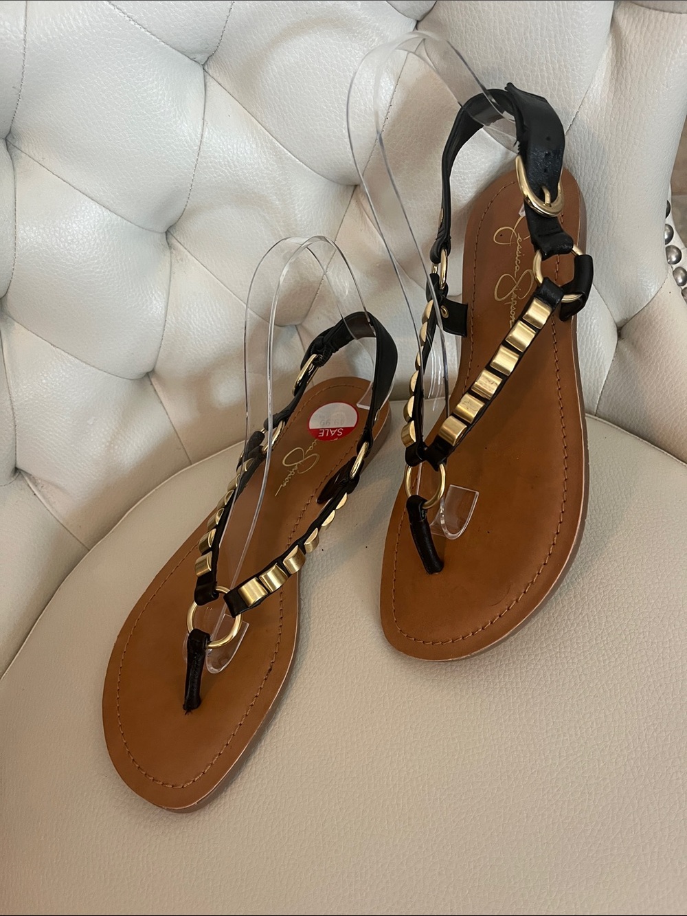 Jessica Simpson Black Leather Sandals with Gold Rings Size 8 EYE CATCHING